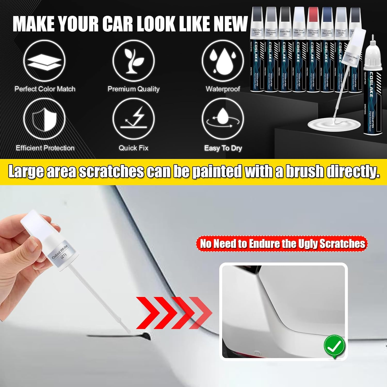 Car Touch up Paint(Oxford White(Z1)) for Ford, Car Paint Scratch Repair Kit, Quick & Easy Solution to Repair, 2 in 1 Scratch Remover Pen with 2PCS Disposable Micro Applicators