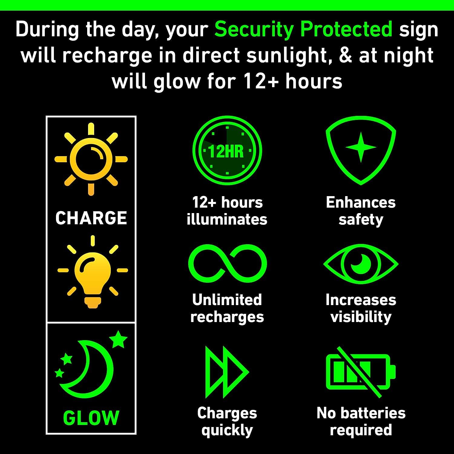 GLO-X Security Signs - Security Protected - to Keep Your Property Safe at Night - 12+ Hours Glow Time - Charges in Daylight - Unlimited Recharges - No Batteries Required image number 4
