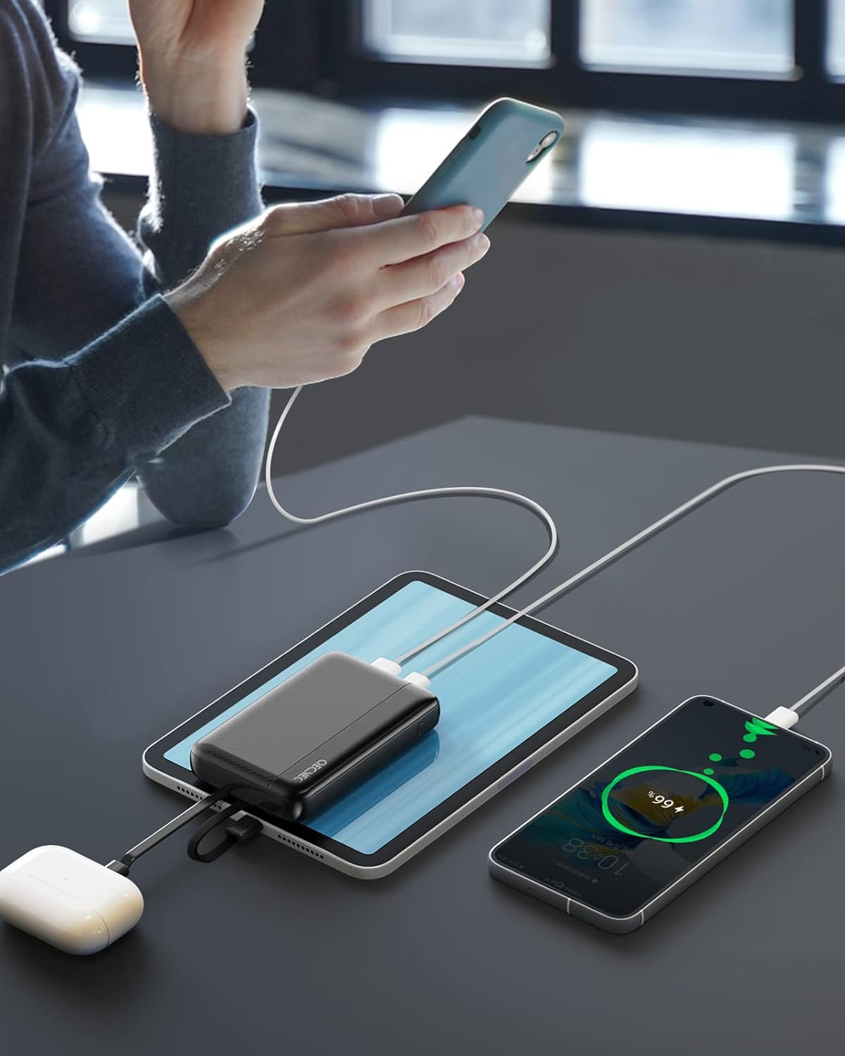 Power Bank 10000Mah, Portable Charger with Built-In Cables, 22.5W PD Fast Charging for Iphone & Android Devices, Ultra-Compact Travel Essential, Pocket-Sized Design-Black - White image number 2