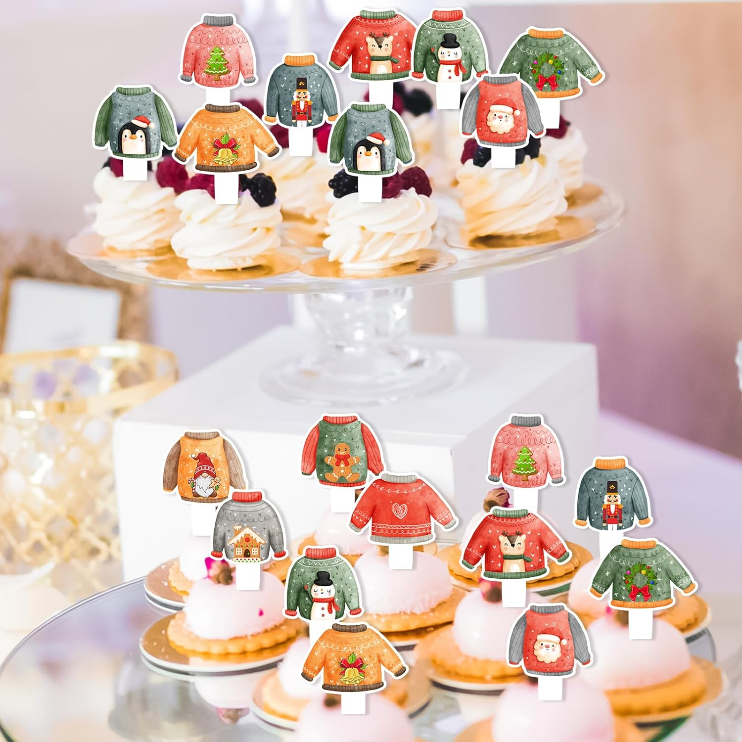 24Pcs Ugly Sweater Cupcake Toppers Set Winter Christmas Holiday Party Ugly Sweater Decorations for Boys and Girls Birthday Party, Baby Shower Party Hohoho Decorations, Birthday Gifts for Kids.Liangss image number 5