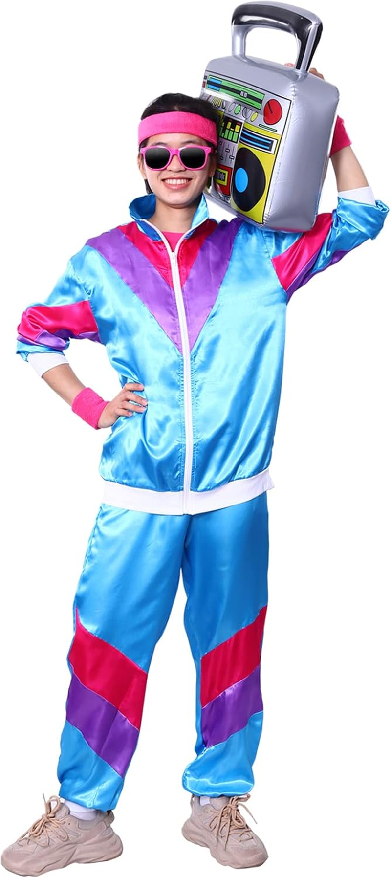 80S Fancy Dress Costume for Adults,80S Shell Suit Costume,90S Shell Suit Fancy Dress,Fashion Retro Tracksuit Outfit,90S Fancy Dress Costumes with Headband Wristbands Glasses image number 2