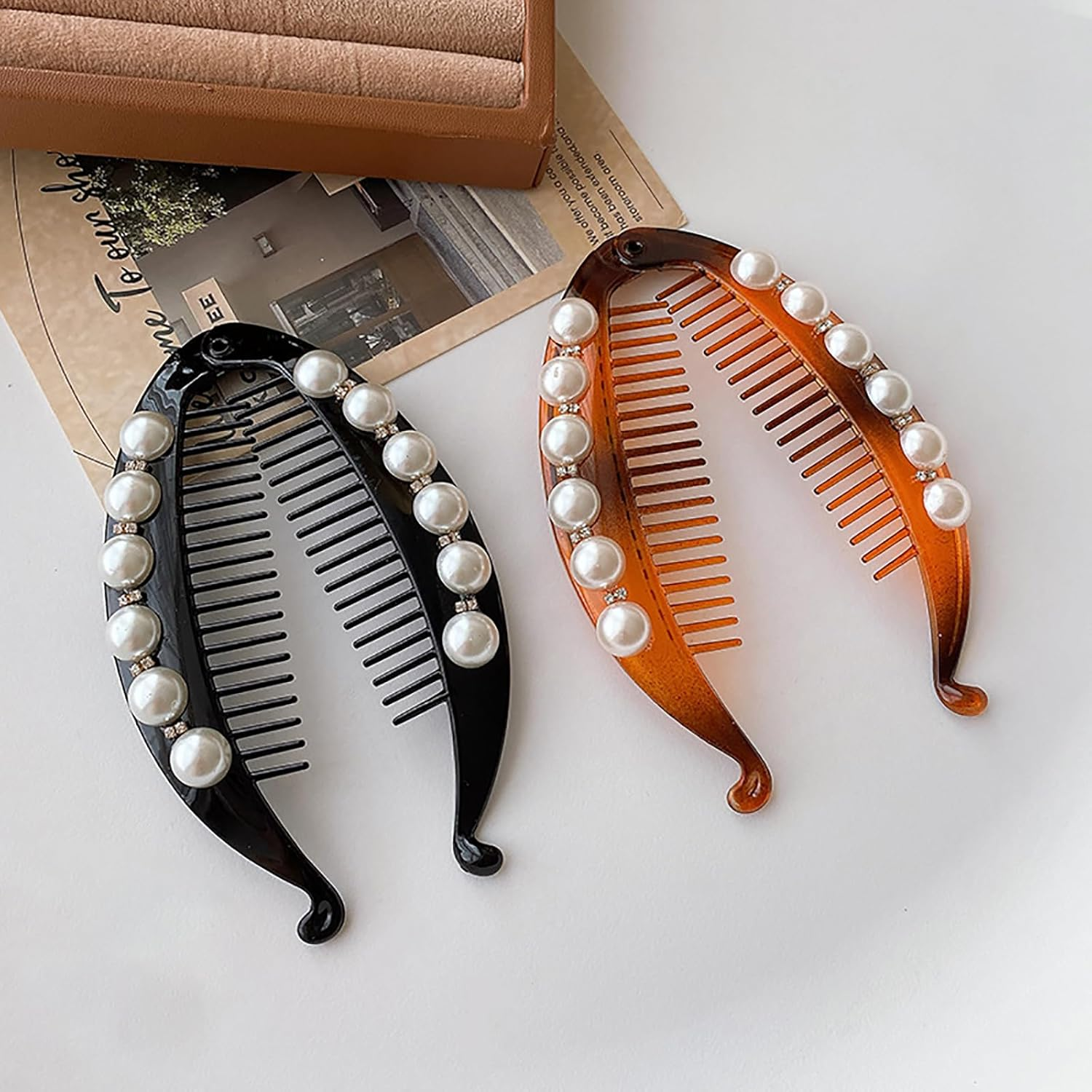2PCS Pearl Rhinestone French Banana Clip Ponytail Vertical Clip Fishtail Clip Grips Clamp Headwear Styling Hair Accessories for Women Teen Girls Black Hair Clips for Women Girls image number 3