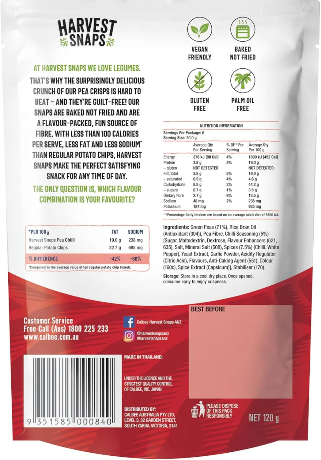 Calbee Harvest Snaps Baked Pea Crisps Chilli Flavour 120G X 2 Packs image number 3