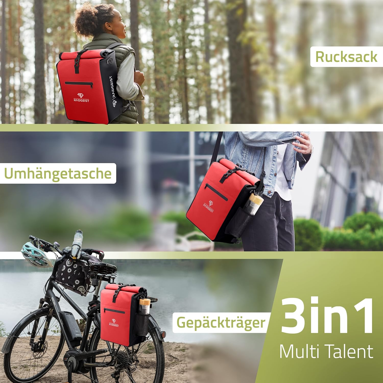 3-In-1 Bicycle Bag for Pannier Rack, Bicycle Backpack, Pannier Rack Bag, Shoulder Bag, with Laptop Compartment, Waterproof, 25 L, Red image number 1