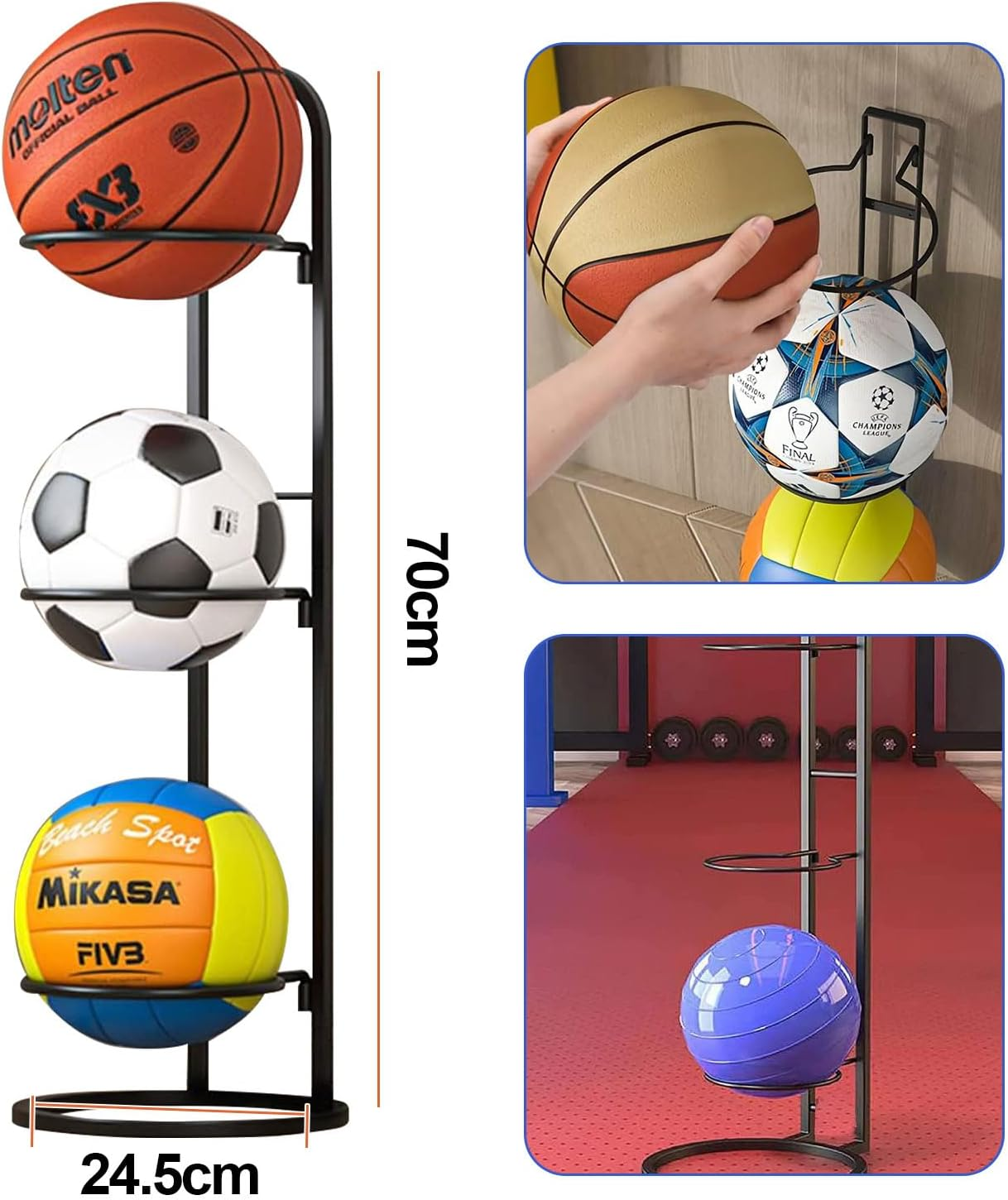 3-Tier Basketball Ball Storage Rack Holder, Ball Storage, Freestanding Garage Sports Equipment Organizer. Ball Storage Rack, inside Movable Vertical Display for Volleyball, Soccer and Basketball image number 4