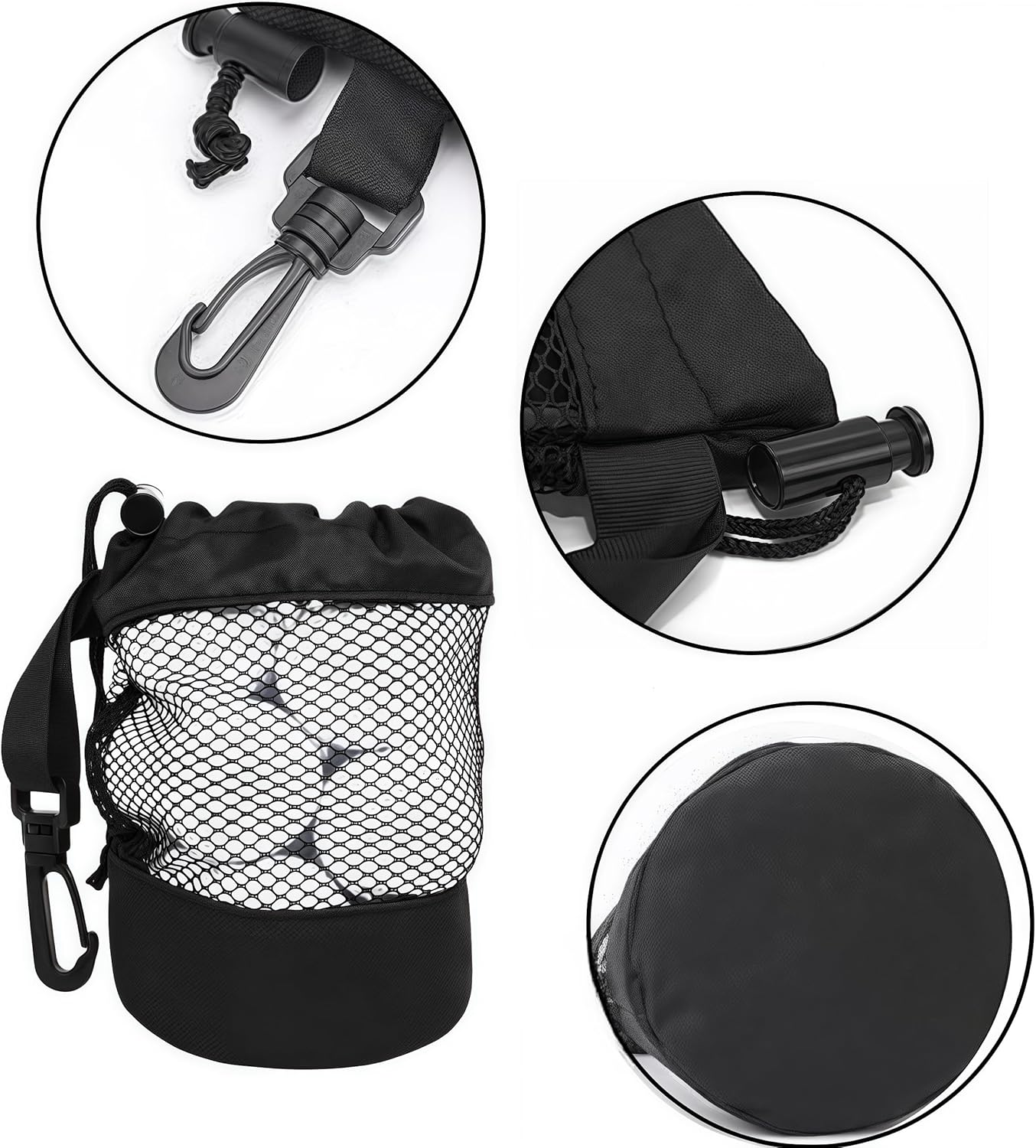 2 Pack Golf Ball Storage Bag with Hooks,13 X 16 Cm Nylon Drawstring Mesh Pouch,For Accessory Outdoor Sports Supplies(Black) image number 3