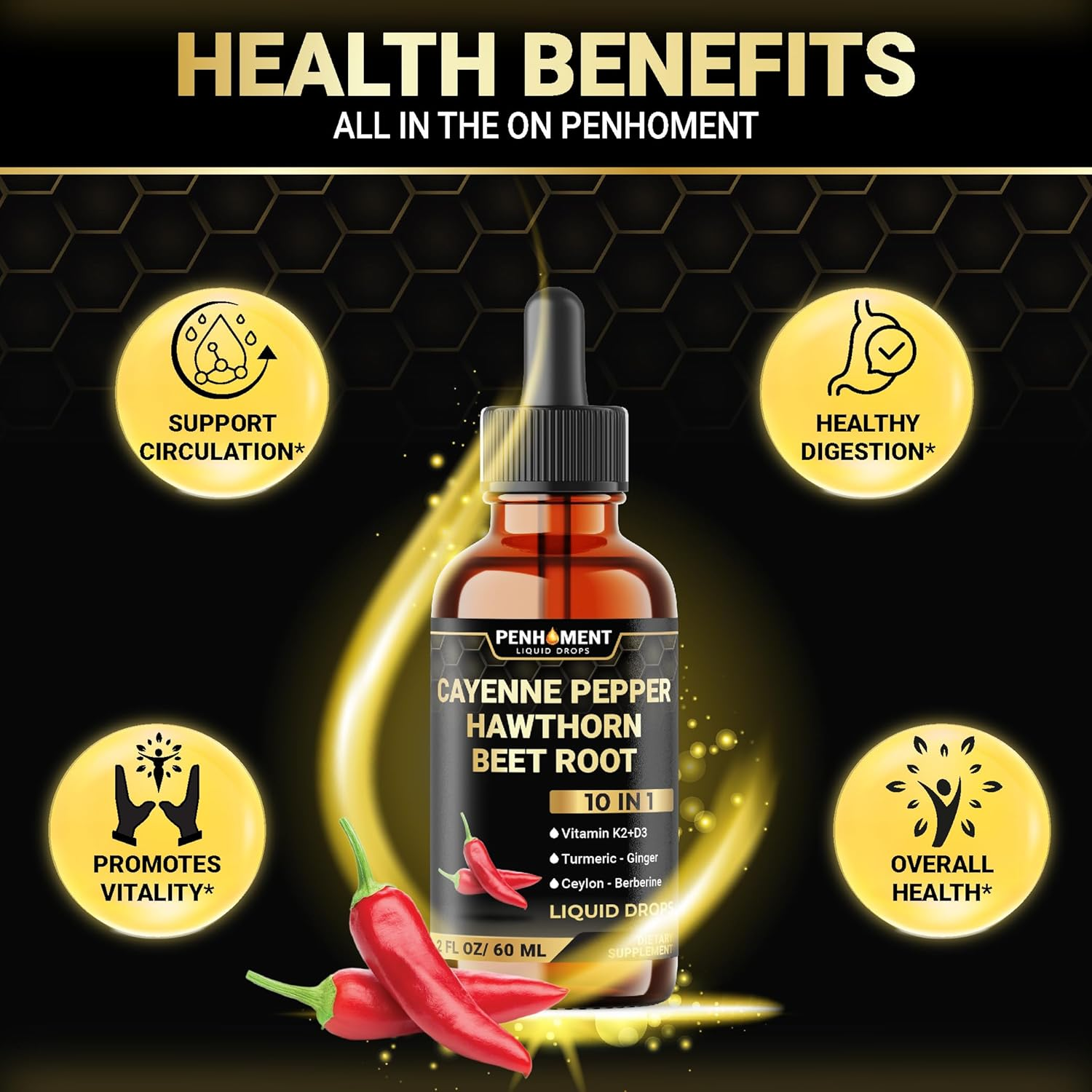 PENHOMENT 10In1 Cayenne Pepper Liquid Drops + Hawthorn Berry, Vitamin D3, Vitamin K2, Beet Root, Turmeric, Ginger and More - Digestion Support - 2 Fl Oz - 2 Months Supply image number 2