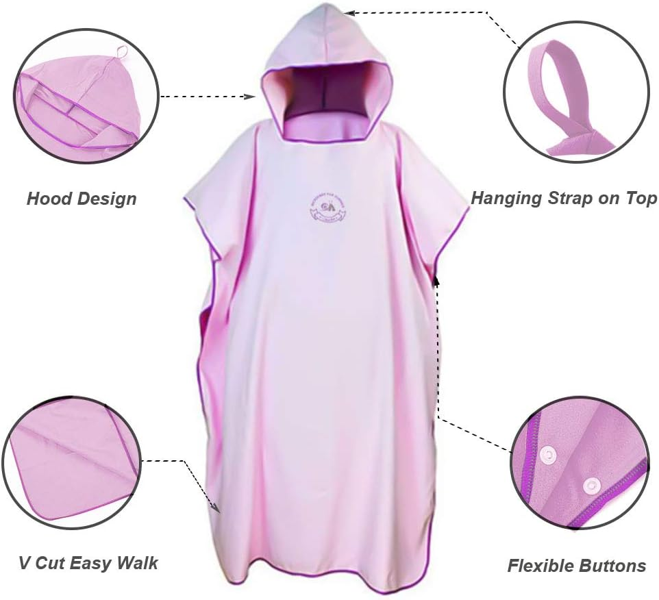 Hiturbo Microfiber Surf Poncho, Wetsuit Changing Bath Robe, Quick Dry Pool Swim Beach Towel with Hood (Pink) - Grey image number 5