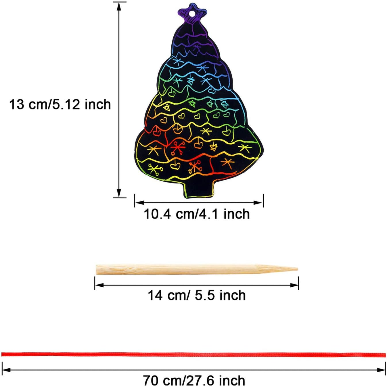 96Pcs Christmas Tree Scratch Art Kit - Rainbow Color Scratch Ornaments - Hanging Craft Art Kits with Wooden Stick and Ribbon - for Kids Christmas Winter Party Favors image number 5