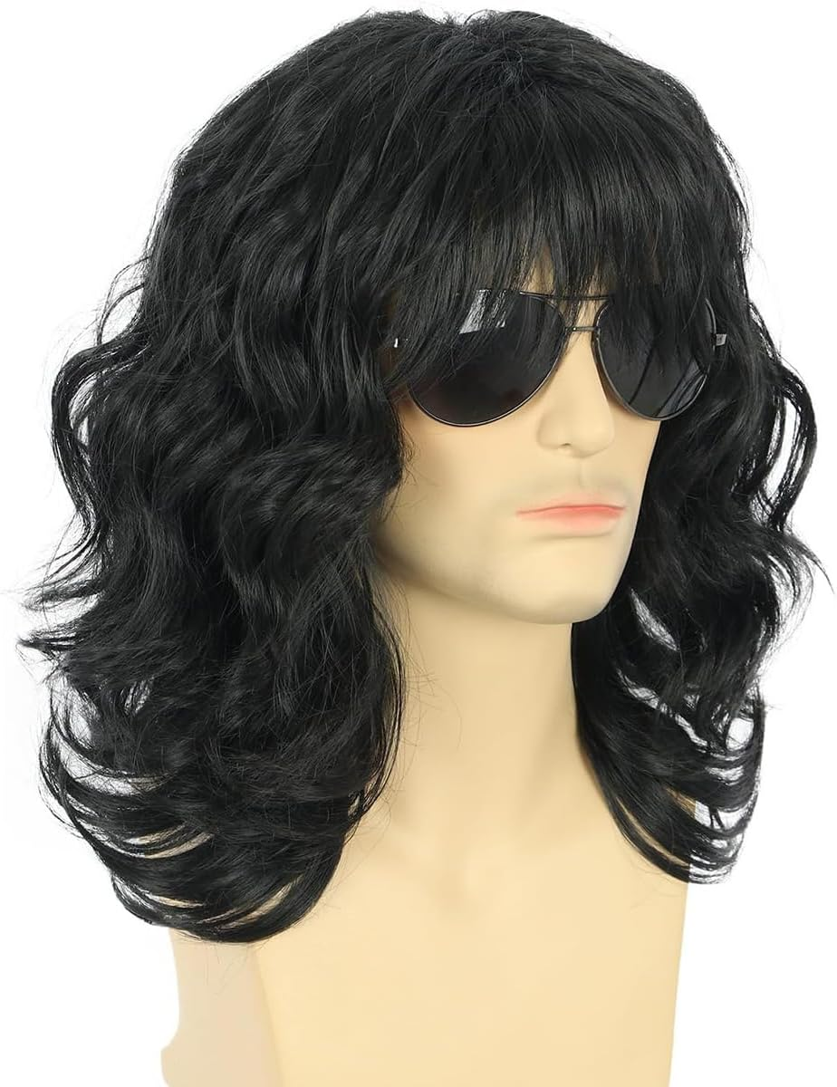 AIMALL 70S 80S Rock Style Men'S Wig &ndash; 13.5In Medium Long Black Curly Synthetic Fibre Costume Wig for Cosplay, Disco Party, Halloween, Retro Rocker Look image number 6