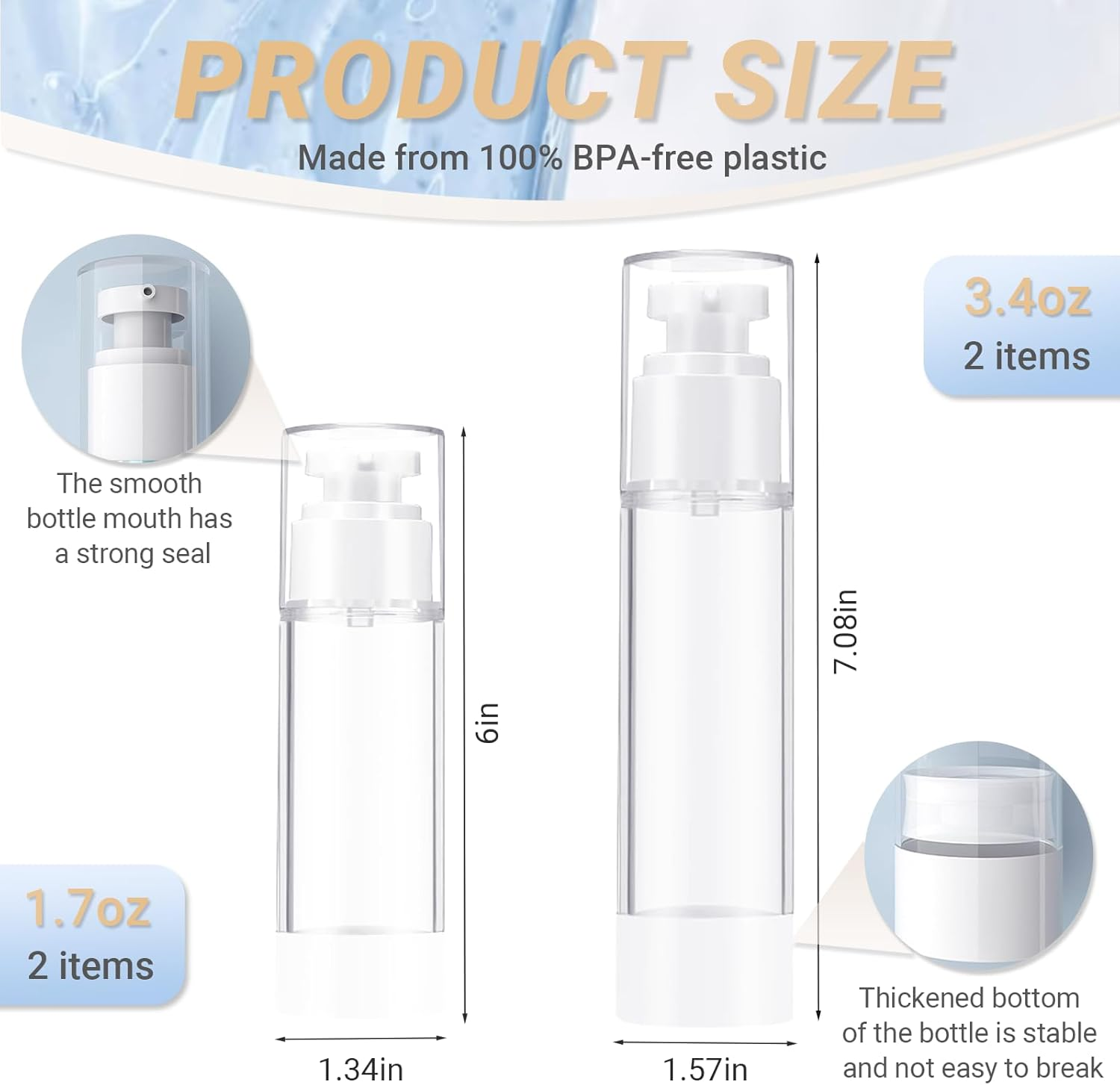JOWILIN Clear Airless Cosmetic Pump Bottle, 2 Pcs 3.4Oz/100Ml and 2 Pcs 1.7Oz/50Ml Refillable Dispenser Container, Travel Size Empty Lotion Bottle for Perfume, Foundation, Shampoo, Liquid Etc (4 Pcs) image number 5