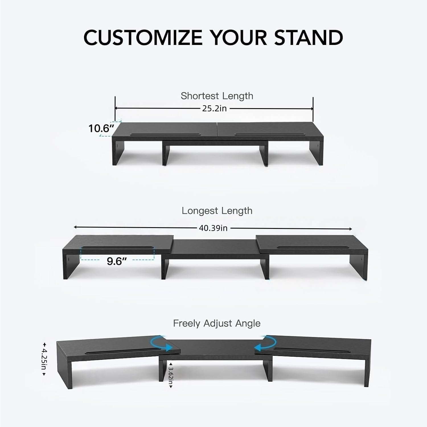 Dual Monitor Stand Riser with 3 Shelves, Adjustable Length and Angle, Ideal for PC, Computer, Laptop image number 4