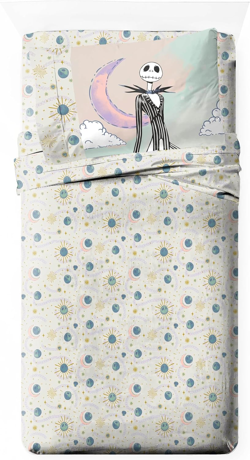 Jay Franco Sheet Set with Fitted, Flat Sheets & Pillow Cover - Ultra-Soft Bedding with Pillowcase for Room Decor, Beige - Nightmare before Christmas, 3 Piece Twin image number 5