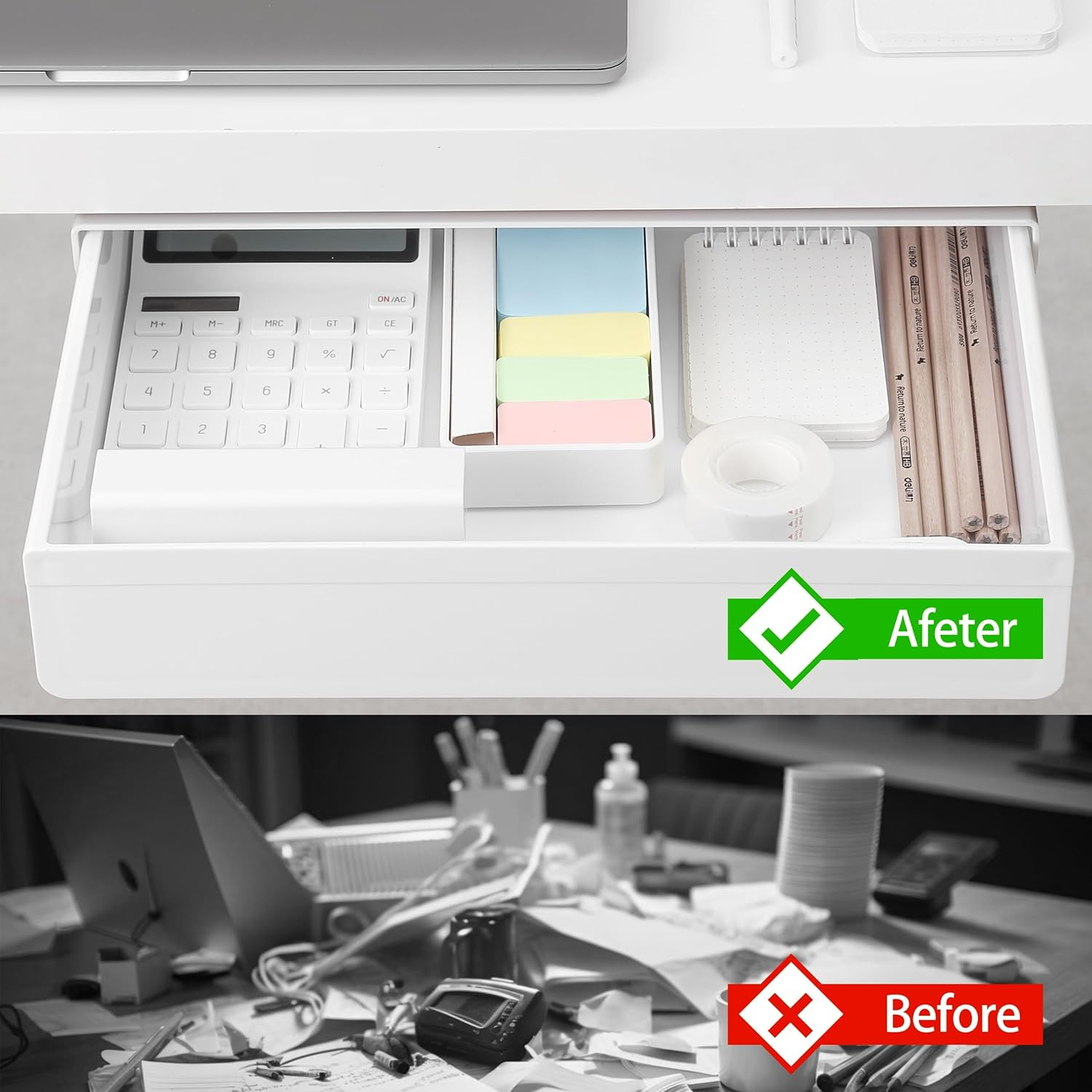 Under Desk Drawer Organizer - Extra-Wide Hidden Storage Tray with Slide-Out Design, under Table Shelf for Office/Home Accessories (Transparent, L) image number 1