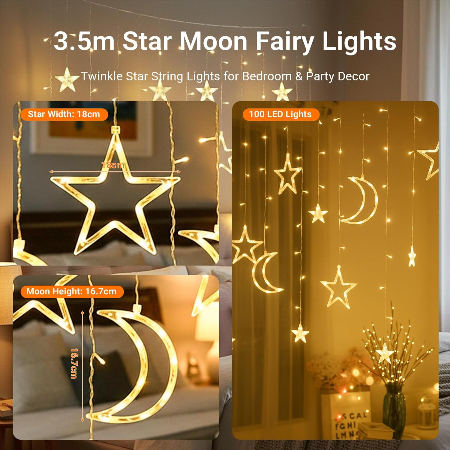 LIWEGHT Star & Moon String Lights &ndash; 3.5M 100 LED Battery Operated Fairy Lights Warm White Waterproof Lights for Bedroom, Tent & Patio Indoor/Outdoor Christmas & Wedding Decor image number 1