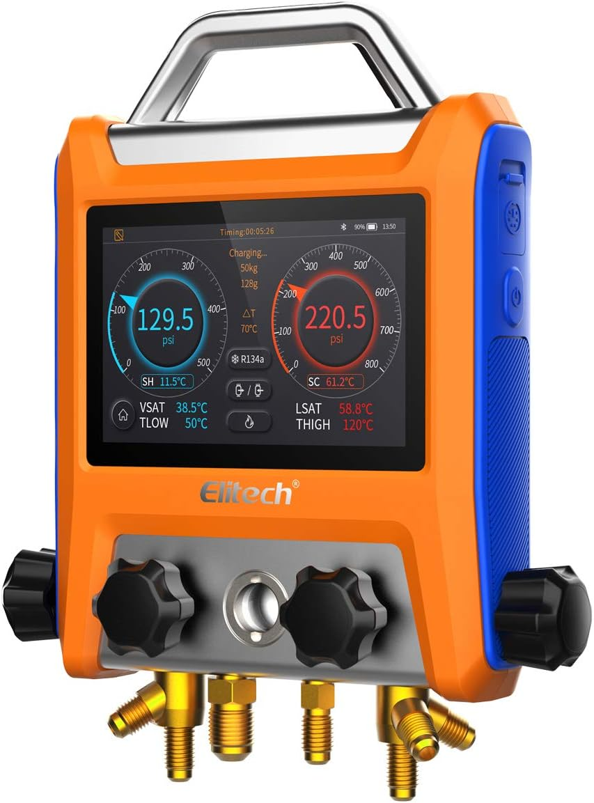 Elitech EMG-40V 4 Valve Smart Digital Manifold Kit with 5" Smart Touch Screen and HVAC Meter with Bluetooth
