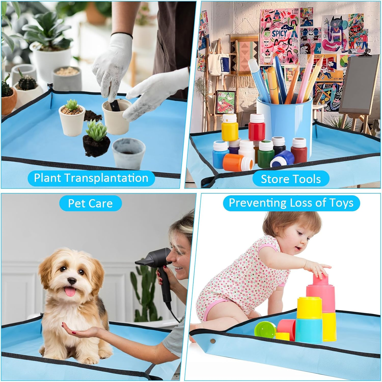 Repotting Mat for Indoor Plant Transplanting and Mess Control, 29.5"X 29.5" Blue Oxford Fabric Waterproof Succulent Potting Mat, Foldable Gardening Tray for Planting, Gardening Gifts for Plant Lovers image number 6