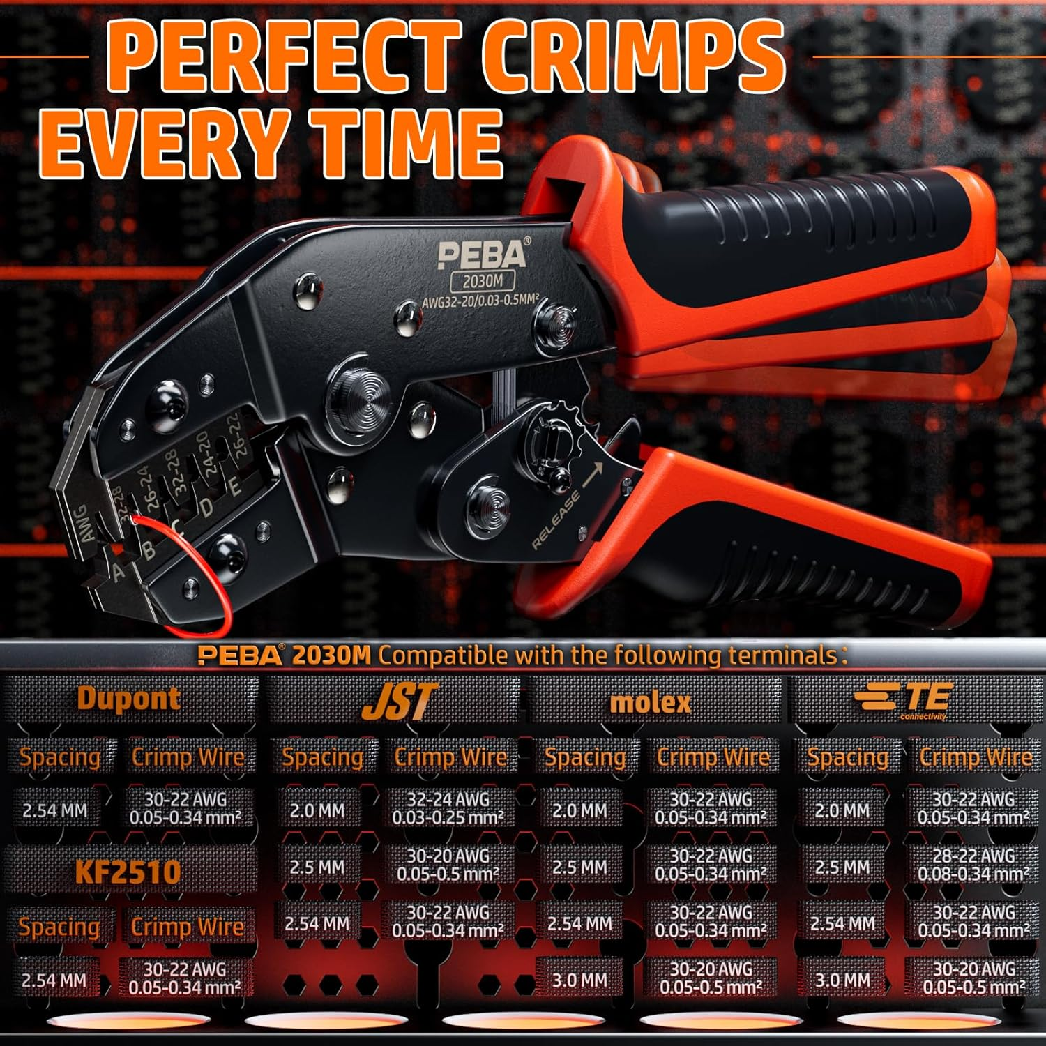 PEBA JST Crimping Tool, Ratcheting Crimper for Micro Connector Pin with 24 Styles JST-SM/JST-XH/JST-PH 2.0Mm Connector Kit, AWG32-20 Crimping Pliers for JST Series,Dupont, Molex,Kf2510 Connectors image number 3