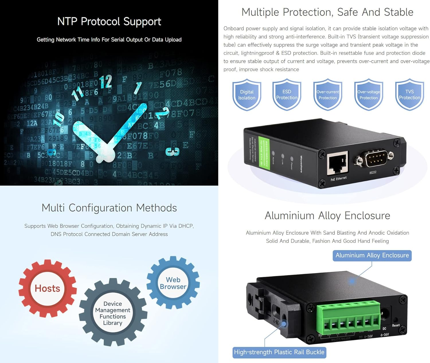 Waveshare Industrial Isolated Rail-Mount Serial Server, Modbus Support, RS232/485/422 to RJ45 Ethernet Module, TCP/IP to Serial, with POE Function image number 3