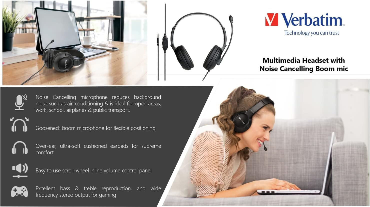 Multimedia Headset with Noise Cancelling Boom Mic - Black image number 2