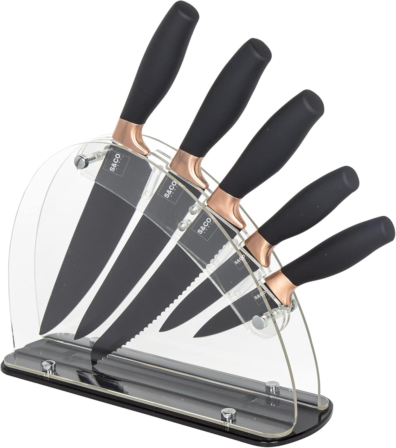 S & Co. 6 Pcs Kitchen Knife Set with Acrylic Block - Super-Sharp Steel Knives with Non-Stick Coating - Chef, Bread, Carving, Utility, Paring Knives - Stylish Cooking Tools with Black, Rose Gold Handle image number 4
