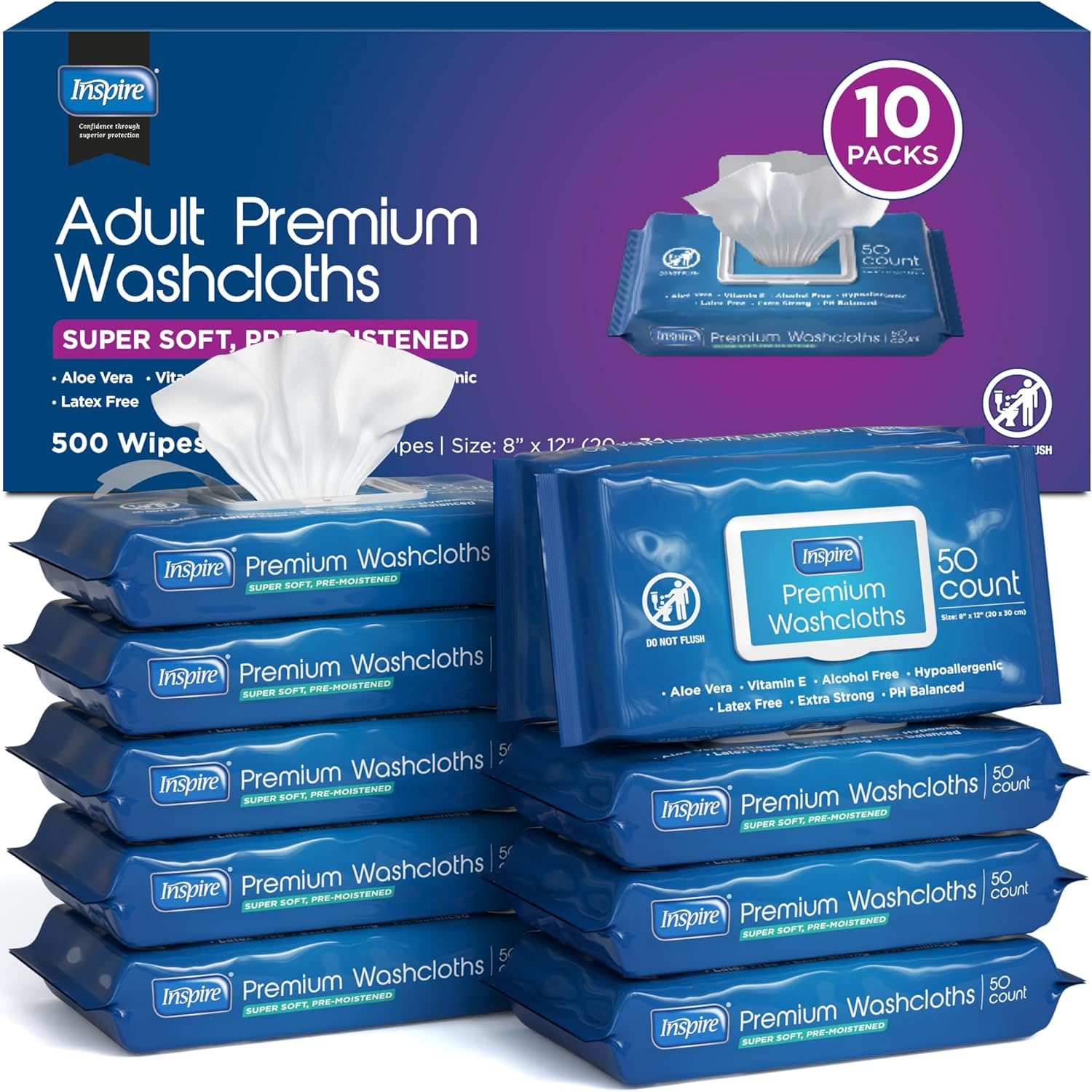 Inspire Adult Wet Wipes for Incontinence & Cleansing, Wash Cloths for Elderly, 8"X12" (500CT, 10 Packs of 50)
