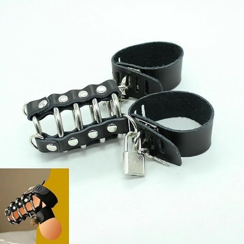 Real Leather Metal Ring Scrotum BDSM Male Chastity Ball Stretcher Device Cage for Men Adults Sex Toys image number 4