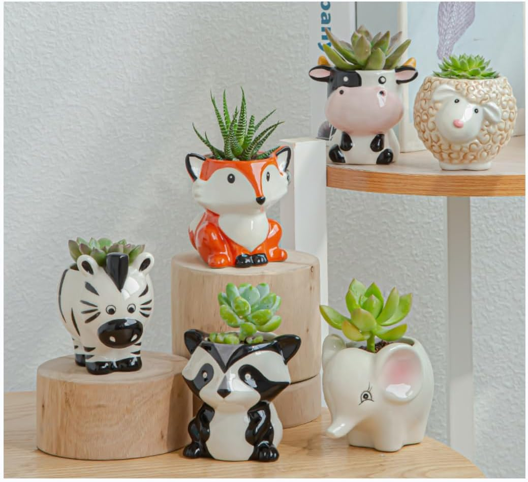 AIWFL Succulents Pots Indoor Plant Pot 6Pcs, Cartoon Mini Pots Ceramic Animal Flower Pot Cactus Succulents Plants Bonsai Pots Decor image number 1