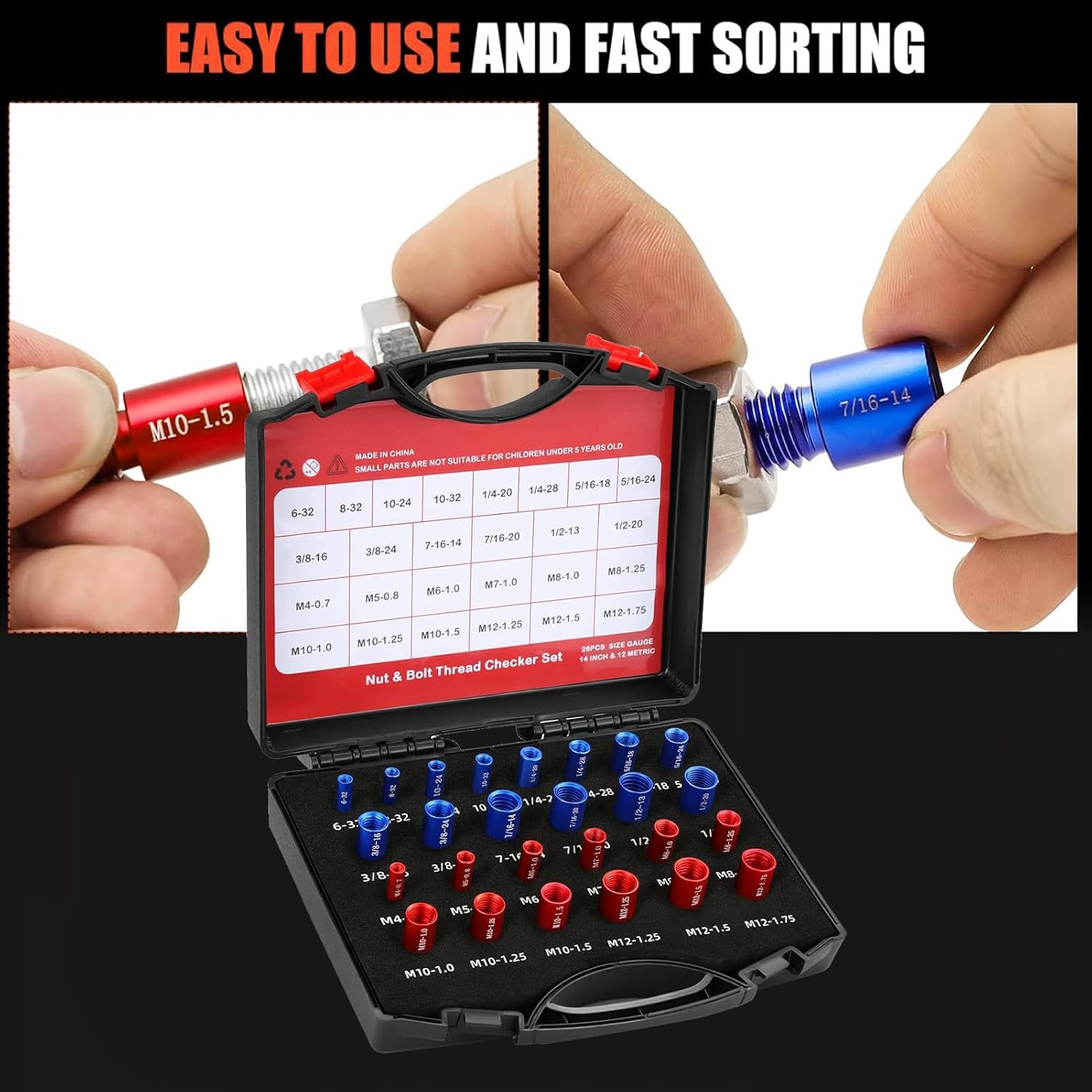 26Pcs Nut and Bolt Thread Checker, Nut and Bolt Measurement Tool Set, Nut Bolt Thread Size Identifier Gauge Tool with a Storage Box, for Maintenance Repair