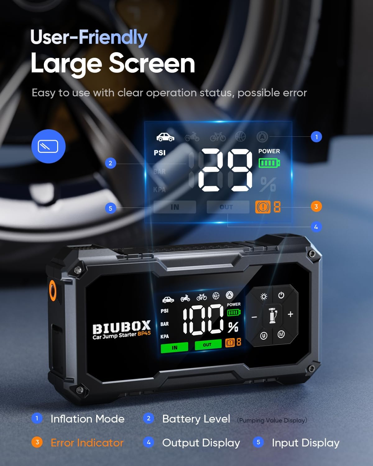 Car Jump Starter with Air Compressor, Biubox 4500A 150PSI Portable Car Battery Jump Starter for 10L Gas /9L Diesel, 12V Car Jump Starter Power Bank Charger with Tyre Inflator, LED Display, 500Lm Light