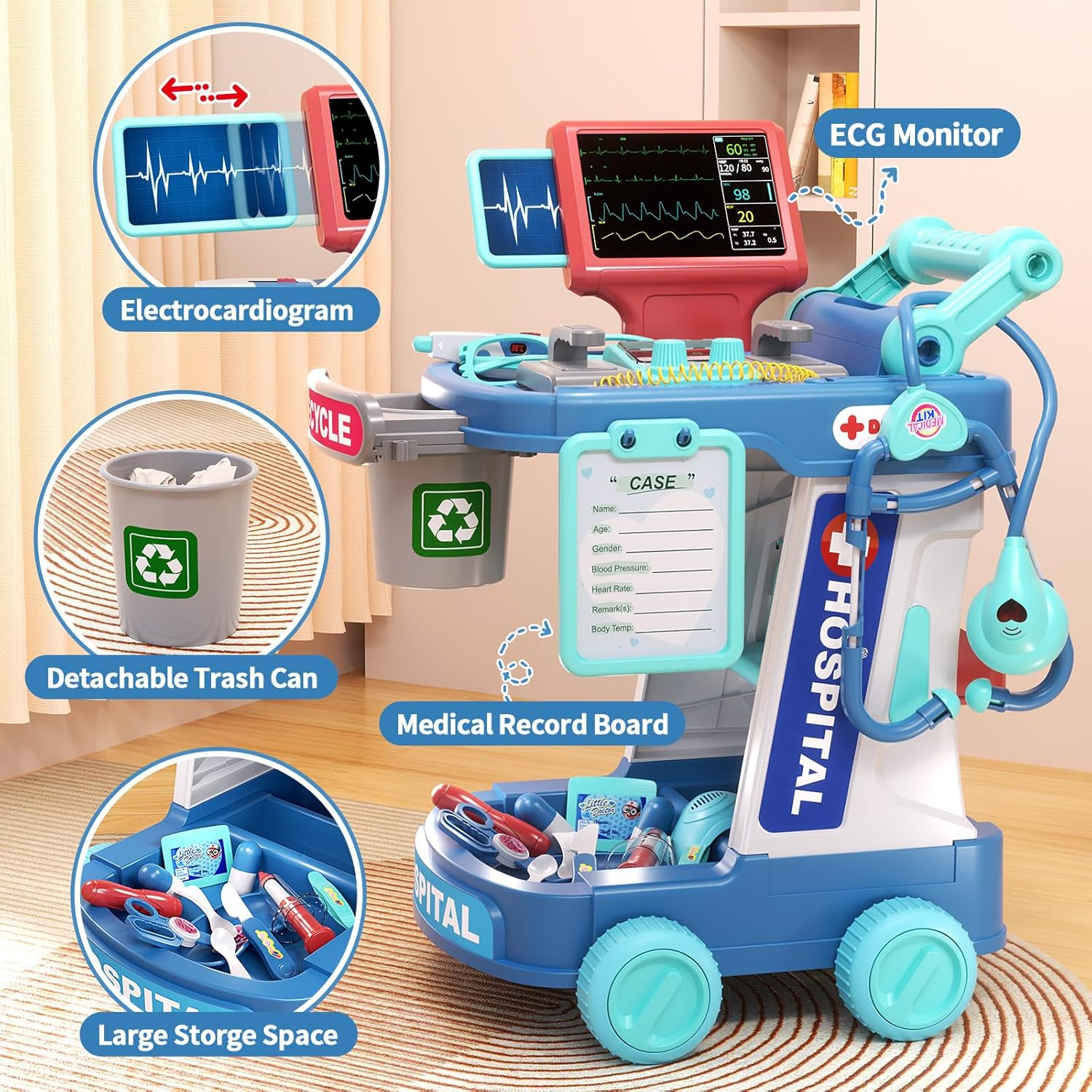 Doctor Kit for Kids, Pretend Doctor Playset for Toddlers with Cart, Costume and Stethoscope, Role Play Medical Toy for Girls Boys Toddlers 3-8 Birthday Gifts image number 3