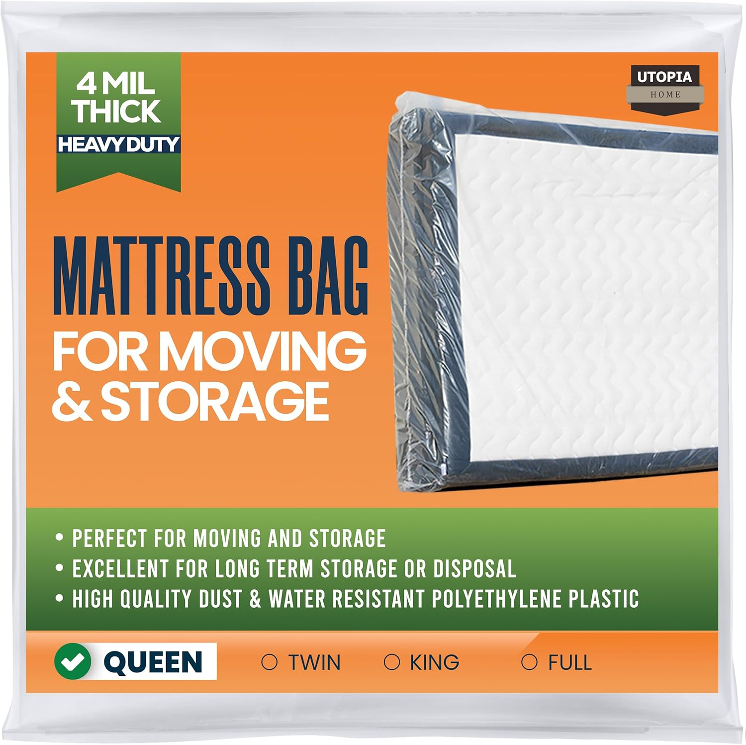 Utopia Home Mattress Bag for Moving Queen Size (Pack of 1), 4 Mil Thick Mattress Storage Bag, Plastic Mattress Cover, Fits Mattresses up to 14 Inches image number 1