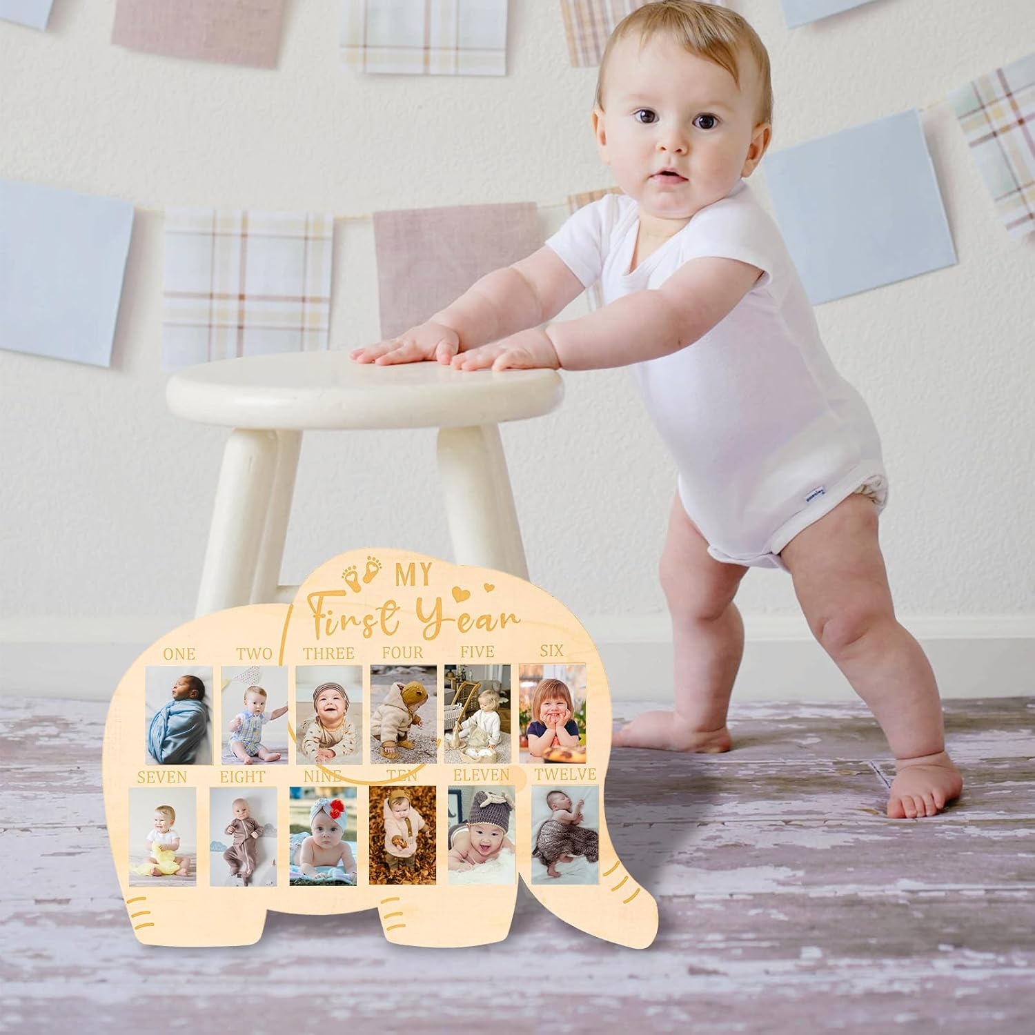 My First Year Photo Frame, Wooden 1St Birthday Picture Board 12 Months Baby Photo Display Elephant Shape Nursery Decoration Boys Girls Newborn Baby Mom Memories image number 4