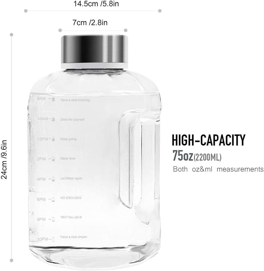 VENNERLI Water Bottles 2.2L Sports Water Bottle with Time Markings - BPA Free Xl Jug Leak Free Large with Handle Durable Reusable for Gym, Training, Hiking, Travel, Office, School (Clear)