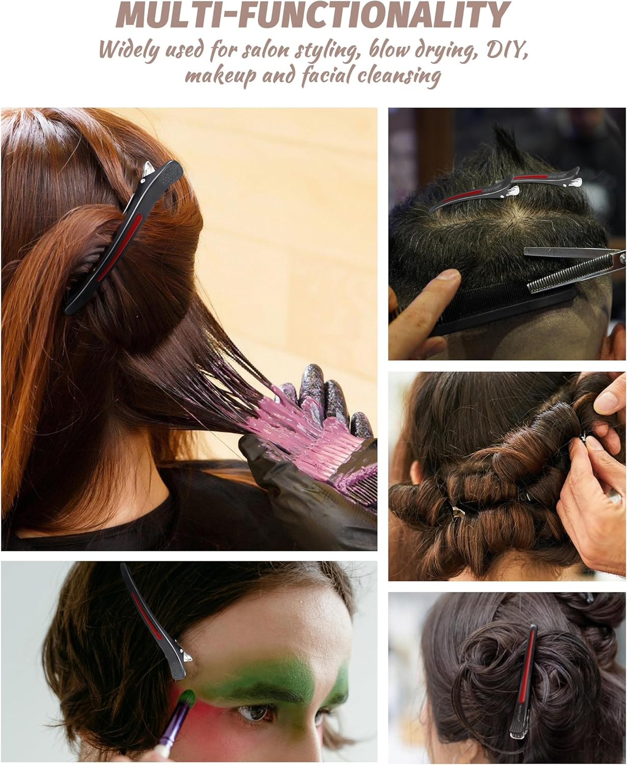 Pack of 12 Hair Clips, Professional Section Clips, Hairdresser, Non-Slip Hair Clips with Duck Beak and Silicone Band, Hair Cutting Clips for Hairdressing Salon and Home (Black Red) image number 3