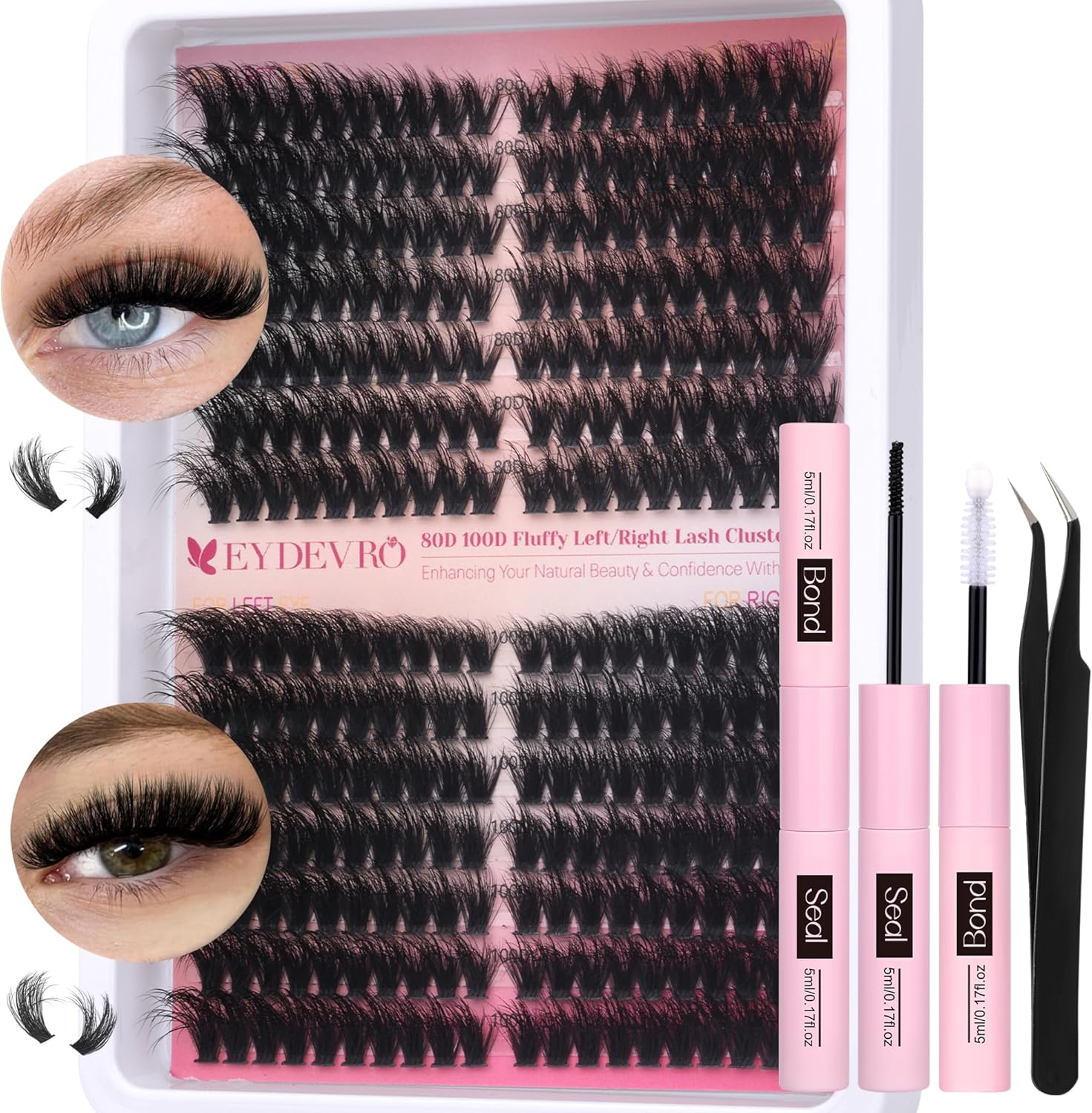 EYDEVRO Fluffy Lash Clusters Kit 80D100D Volume Lash Extension Kit 280 Pcs Left/Right Cluster Eyelash Extension Kit D Curl Thick Mega Lash Clusters with Waterproof Lash Bond and Seal and Lash Tweezers image number 4