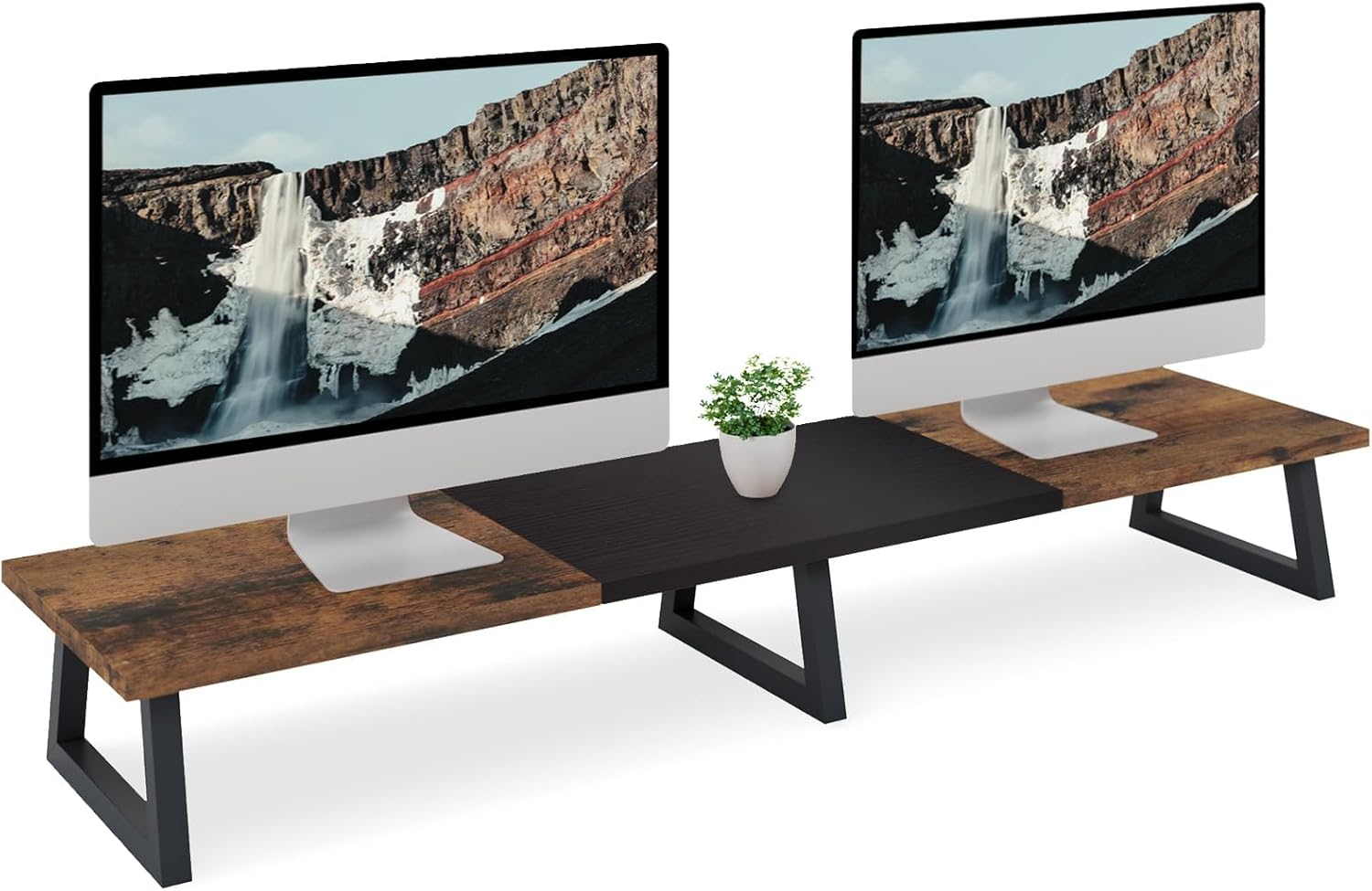 TEAMIX White Dual Monitor Riser for 2 Monitors-42Inch, Wood Desktop Dual Stand with Metal Legs, Long Screen/Pc/Laptop Storage,Computer Shelf TV Holder Home Office (White)
