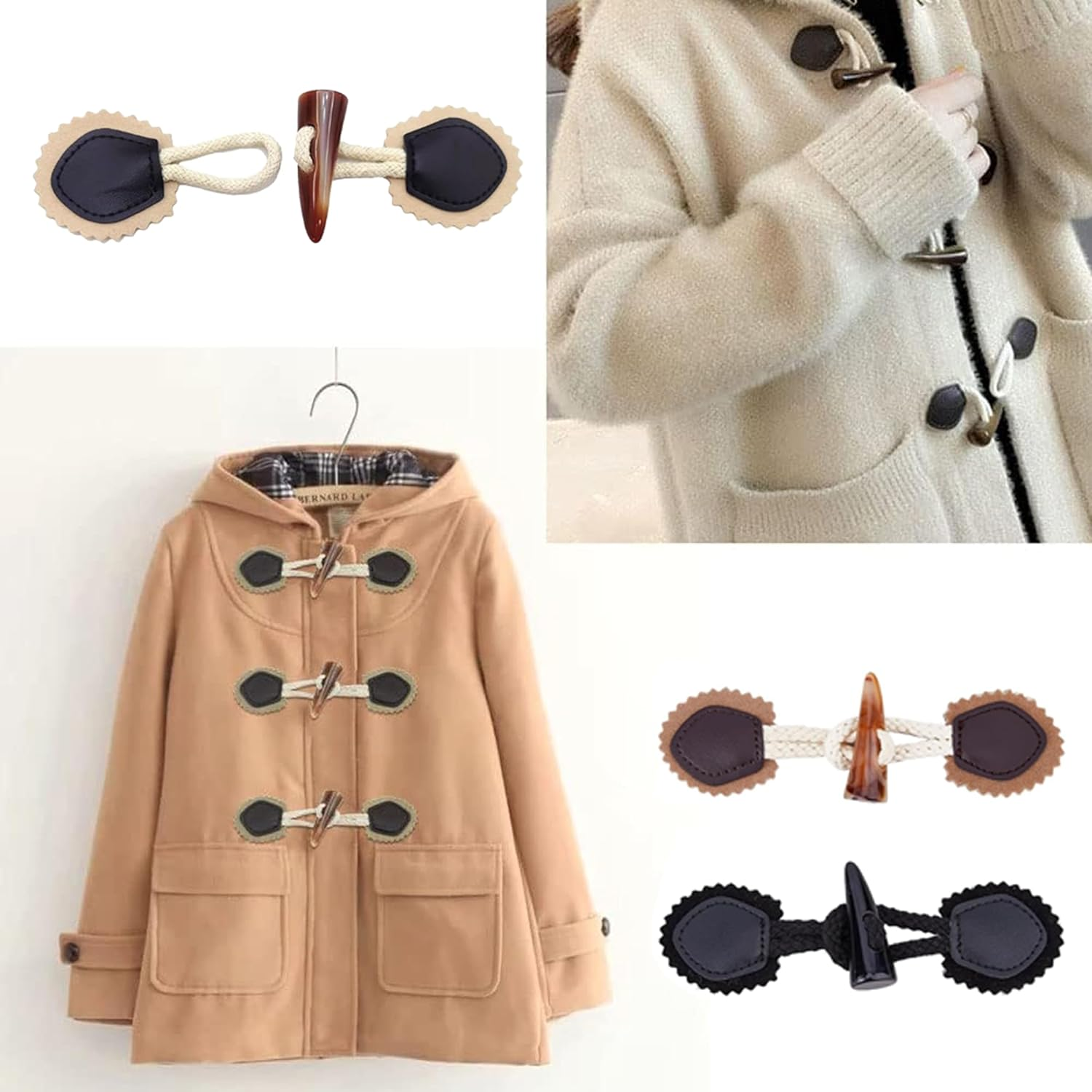 8 Sets Leather Sew-On Toggles Closures with Resin Horn Button Sewing Accessories,For Coat Clothing,Knitwear,Windbreaker,Padded Jacket,Down Jacket,Clothing Buttons Replacement Kit(3 Colors) image number 5