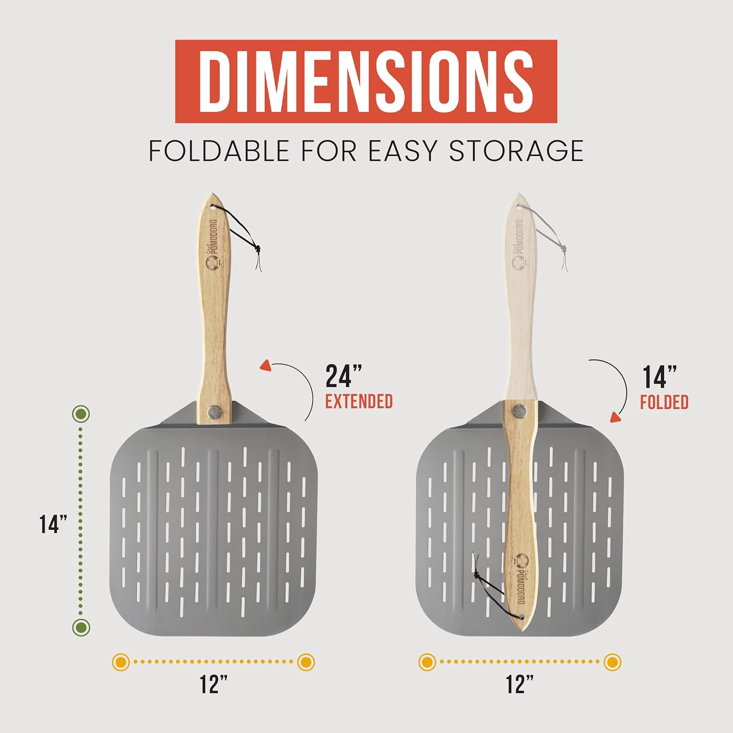 Chef Pomodoro Perforated Aluminum Metal Pizza Peel with Foldable Wood Handle for Easy Storage, Pizza Spatula, Premium Pizza Paddle with Holes for Baking Homemade Pizza and Artisan Breads (12 X 14) image number 1