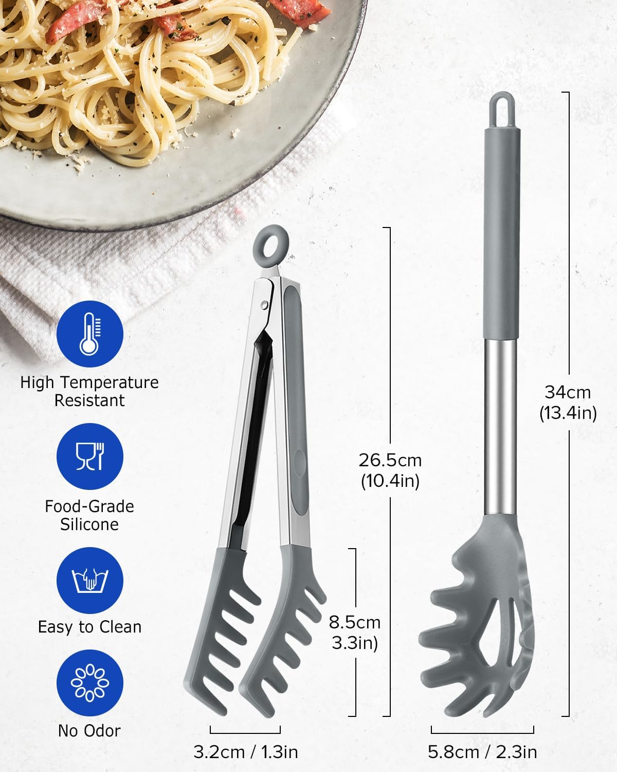 Spaghetti Spoon and Pasta Tong, Non-Stick Silicone Spoon Server Fork with Teeth and Stainless Steel Handle, Food Clip for Noodles (Grey) - Khaki image number 2