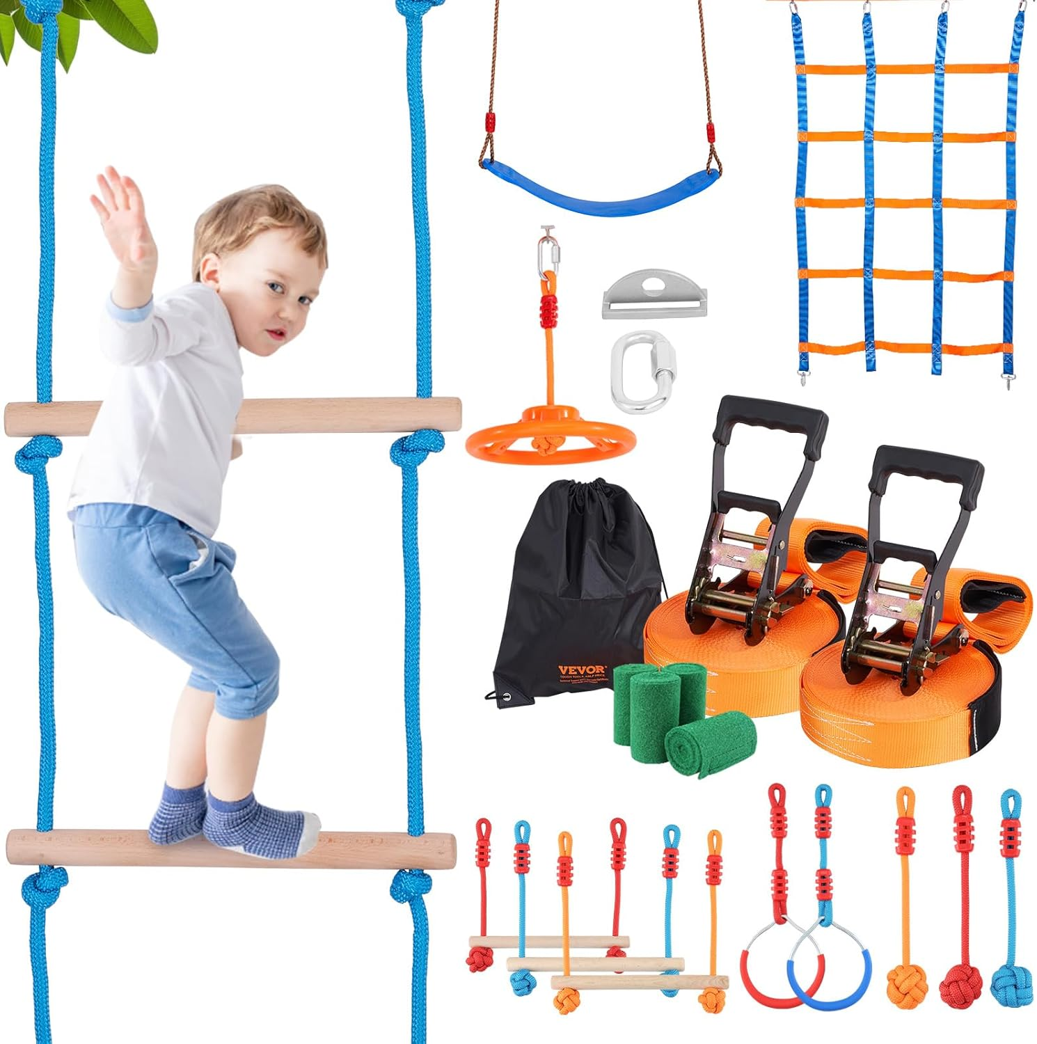 VEVOR Ninja Warrior Obstacle Course for Kids, 2 X 56 Ft Weatherproof Slacklines, 500Lbs Weight Capacity Monkey Line, Outdoor Playset Equipment, Backyard Toys Training Equipment Set with 12 Obstacles image number 2