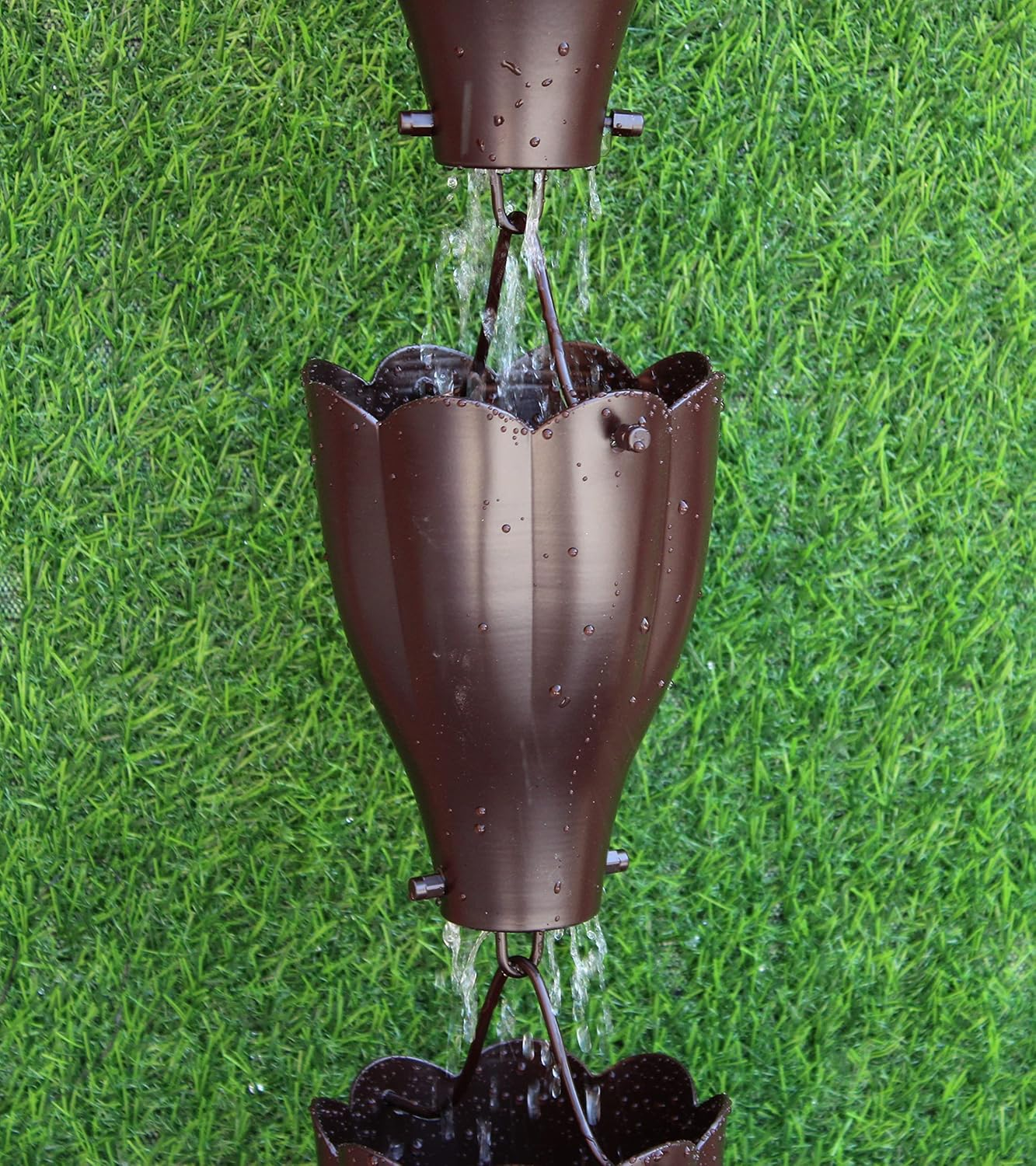 KAM Home XL Scallop Aluminium Cups Bronze Rain Chain (8.5Foot) with Brass Bolt Gutter Adapter for Rain Chain Installa, Standard