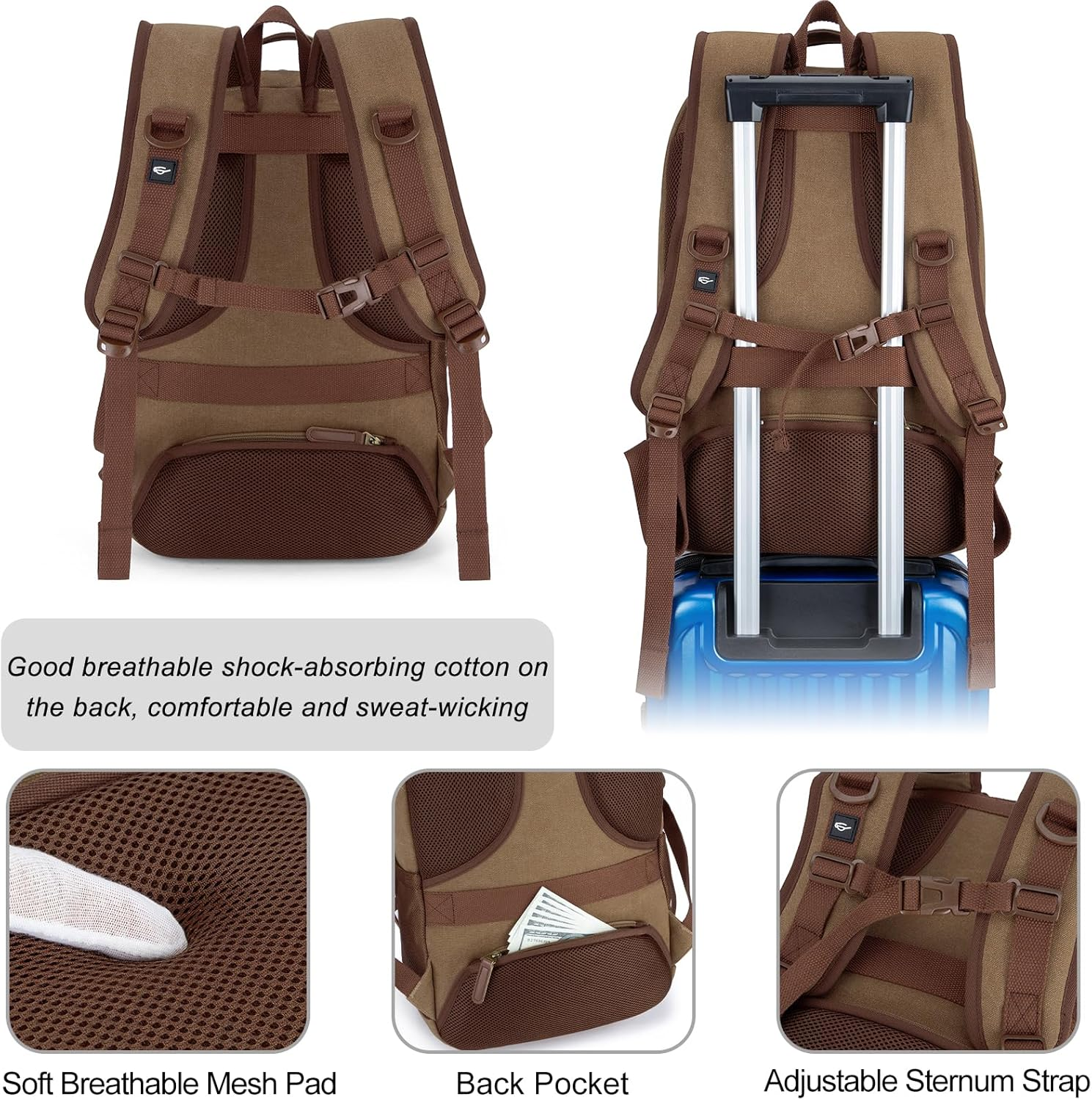 Tzowla Canvas Laptop College Backpack for Men and Women,Travel Work Vintage Rucksack with Usb/Type-C Charging Port,Lightweight Bookbag Hiking Casual Daypack Backpacks Fit 15.6 Inch Notebook image number 4