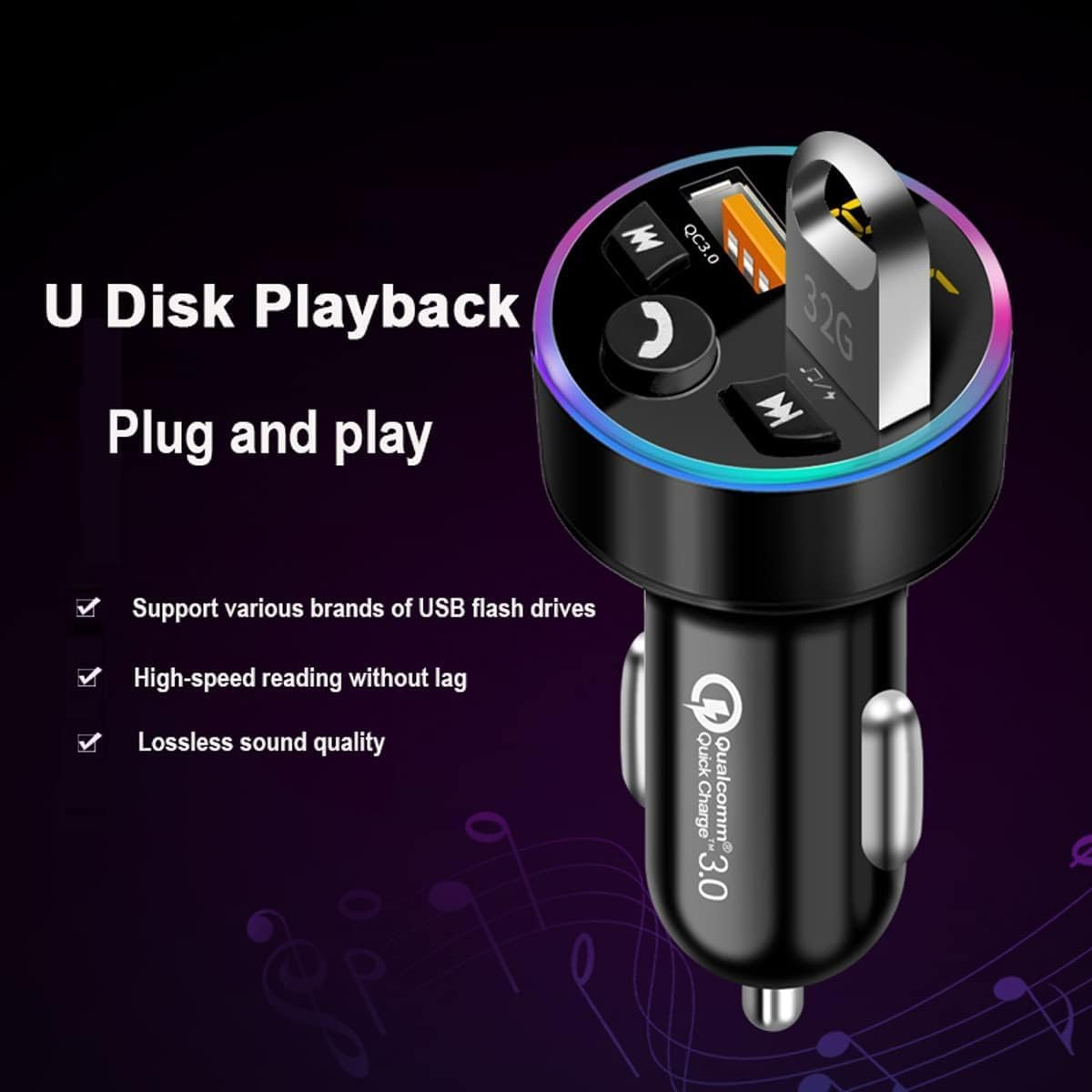 FM Transmitter, FM Transmitter Car, Bluetooth 5.0 Car Radio Audio Adapter MP3 Player with QC3.0 + 2.4 a Dual USB Charging Port, Support for Hands-Free Calling, U Disk, Voltage Detection, Ambient Light image number 2