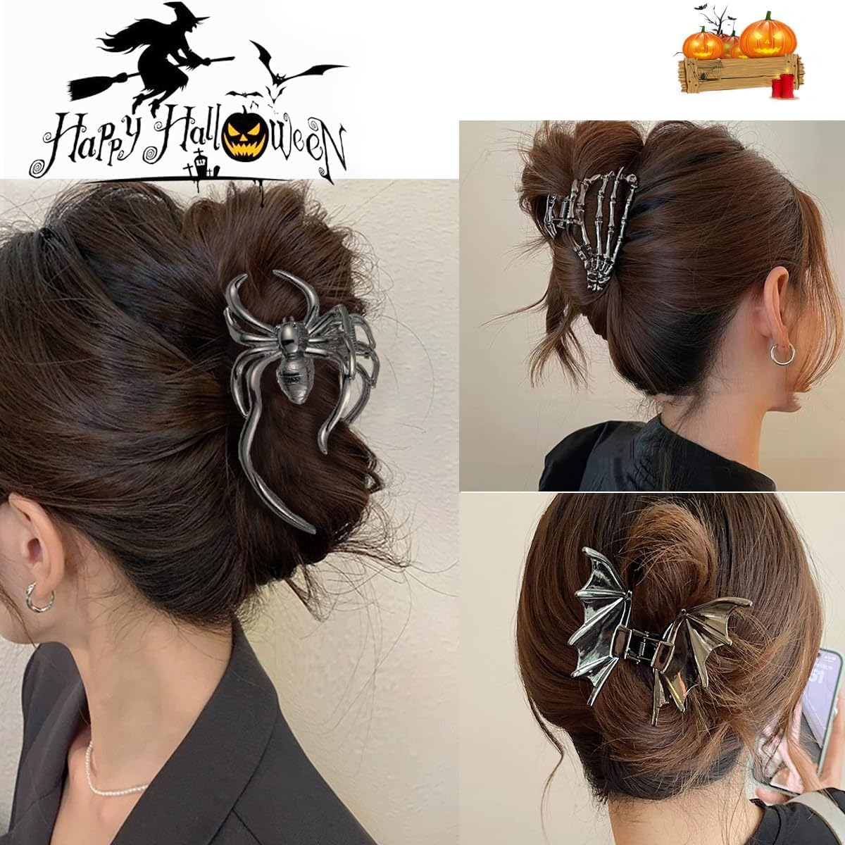 Pack of 3 Metal Hair Clips, Spider Hair Clips, Skull Claw Hair Clip, Non-Slip Claw Clip, Gothic Hair Clips, for Women, Girls, Halloween Hair Styling Accessories (A) image number 3