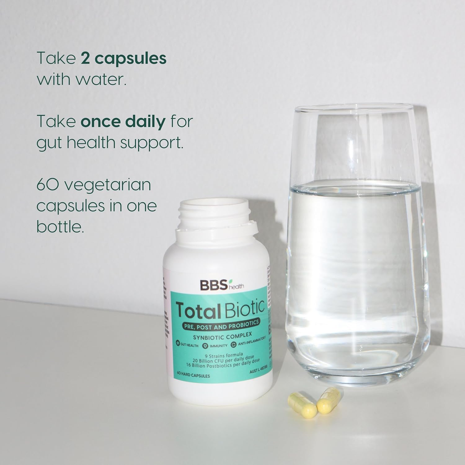 Total Biotic - TGA Listed Probiotic + Prebiotic Complex with Advanced Synbiotic Formula - Supports Gut Health, Digestion & Immune System - 60 Capsules