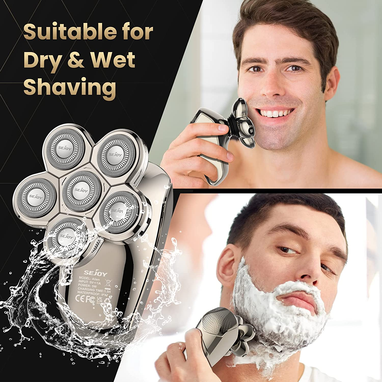Electric Razor for Bald Men, Bald Head Shavers for Men 5-In-1 Multifunctional 6D Electric Head Shaver Waterproof Recharageable Rotary Shaver Grooming Kit image number 4