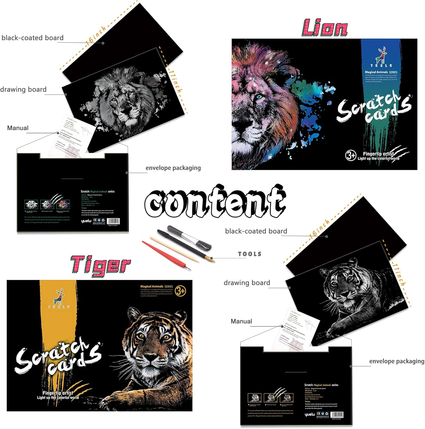 Scratch Rainbow Painting Art Paper,Scratch & Sketch Art for Kids & Adults,Animal Series Creative DIY Gifts&Arts Craft Kits with 4 Tools,16''X11''(Lion&Tiger) image number 5