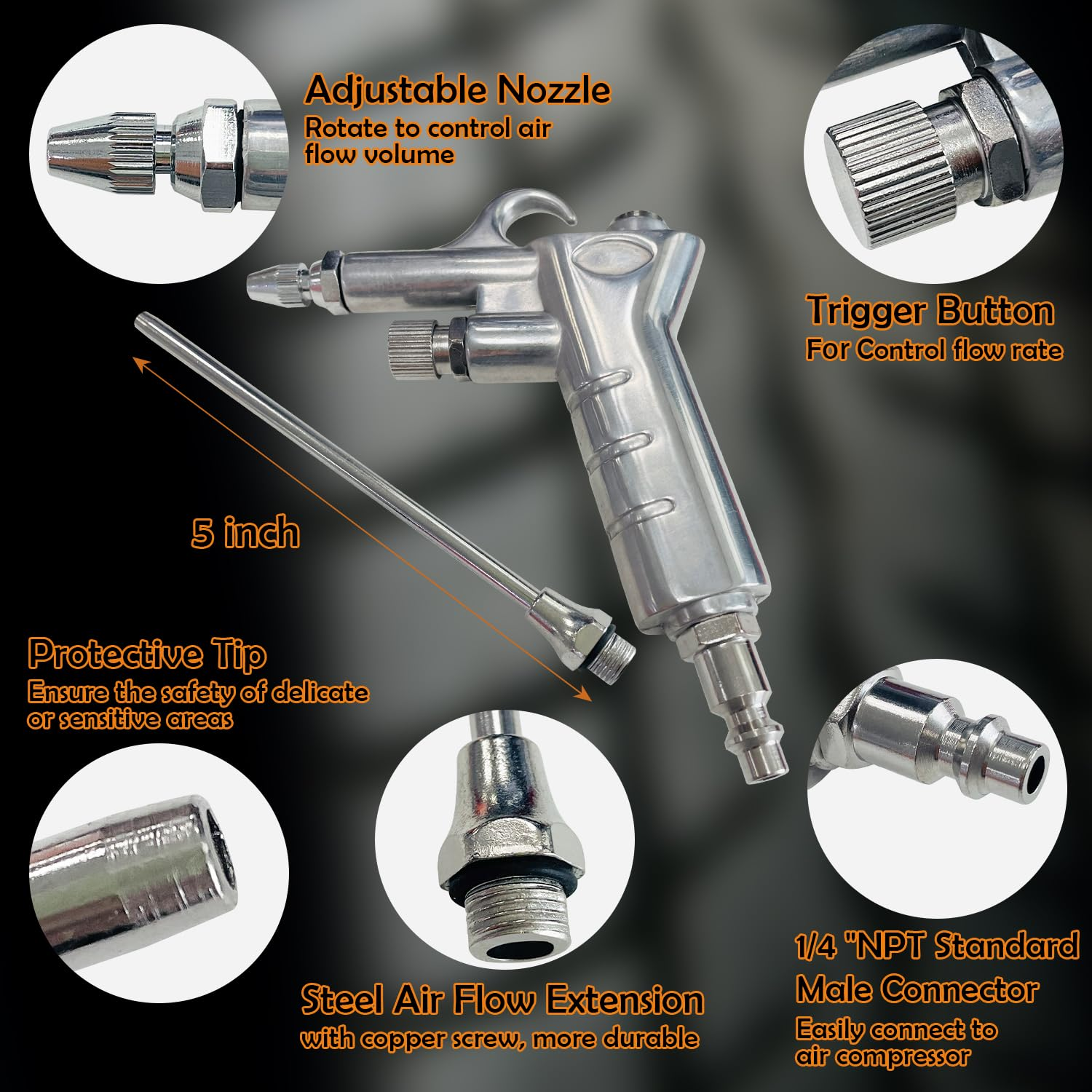 Heavy Duty Air Compressor Accessories Kit, 220PSI Rubber Hose Tire Inflator Gauge with Air Hose Fittings, 1/4" NPT Air Tool Kit with Air Dust Blowing Tool image number 6