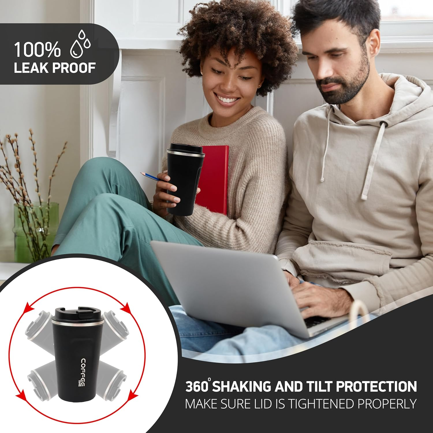 Coffee Cup, Stainless Steel Insulated & Reusable Travel Mug with Leak Proof Lid, Eco-Friendly Coffee Mug for Hot, Cold Drinks (Black - 510Ml) image number 2